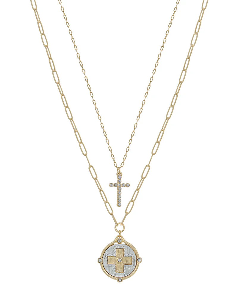 Pave Cross & Coin Pendant Layered Necklace -  Gold