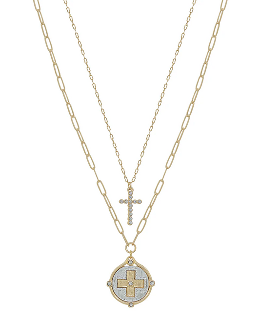 Pave Cross & Coin Pendant Layered Necklace -  Gold