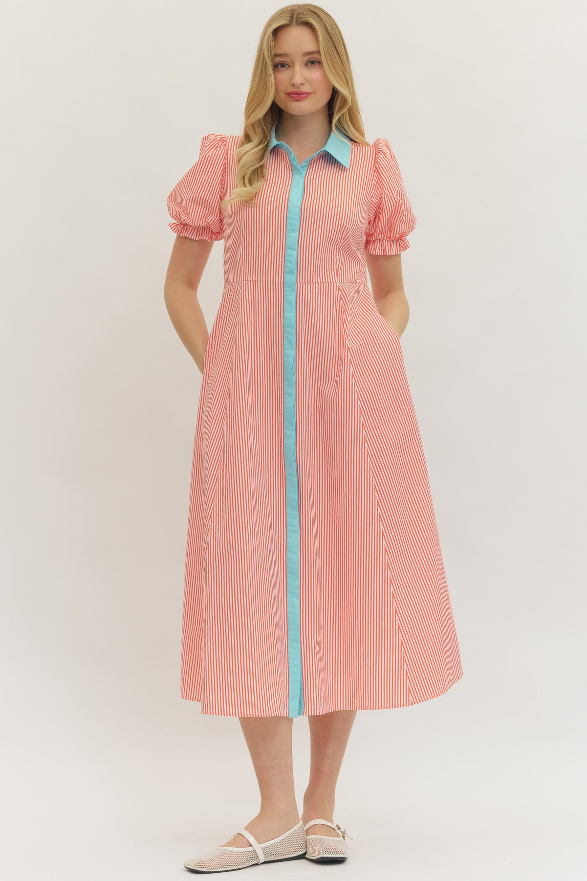 Striped Poplin Button Up Dress - Orange - Delta Swanky Girl