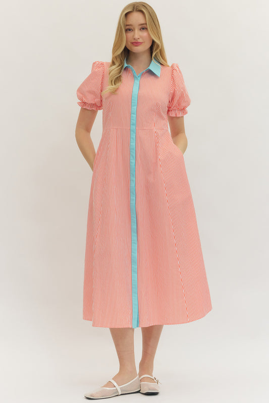 Striped Poplin Button Up Dress - Orange - Delta Swanky Girl