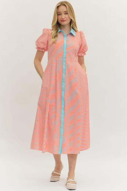 Striped Poplin Button Up Dress - Orange - Delta Swanky Girl