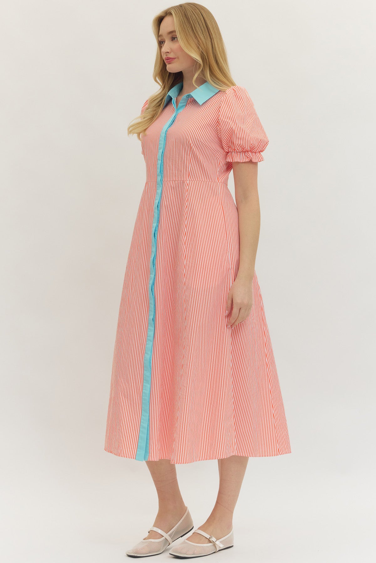 Striped Poplin Button Up Dress - Orange - Delta Swanky Girl