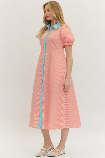 Striped Poplin Button Up Dress - Orange - Delta Swanky Girl