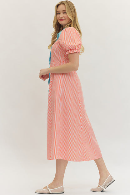 Striped Poplin Button Up Dress - Orange - Delta Swanky Girl
