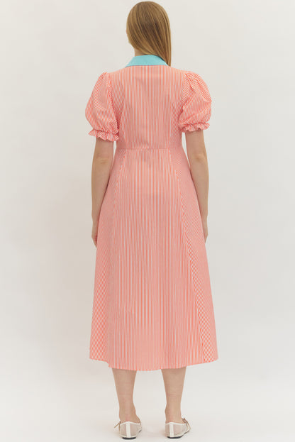 Striped Poplin Button Up Dress - Orange - Delta Swanky Girl