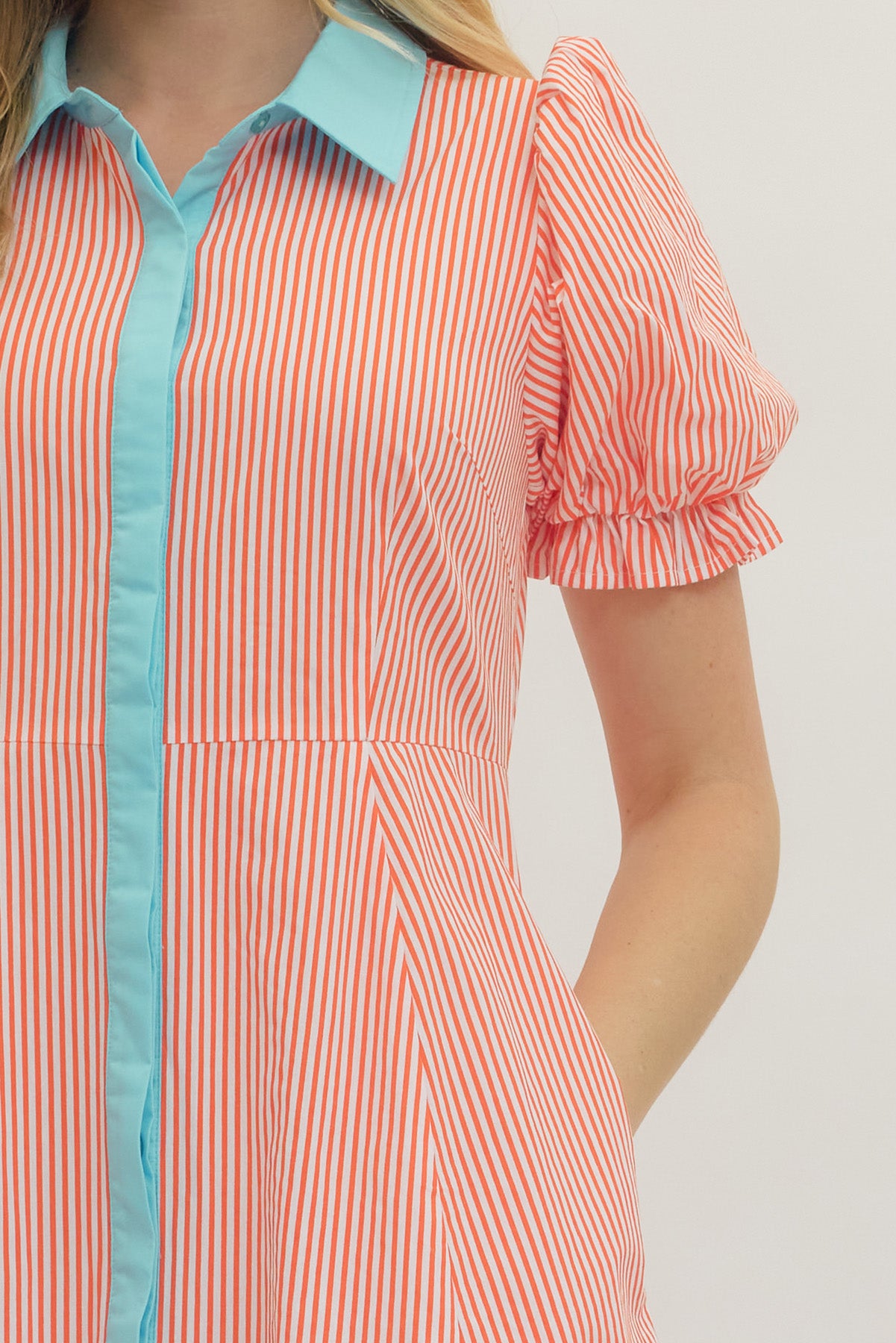 Striped Poplin Button Up Dress - Orange - Delta Swanky Girl