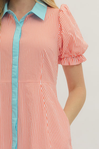 Striped Poplin Button Up Dress - Orange - Delta Swanky Girl