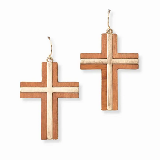 Wood Trim Metal Cross Drop Earring - Gold