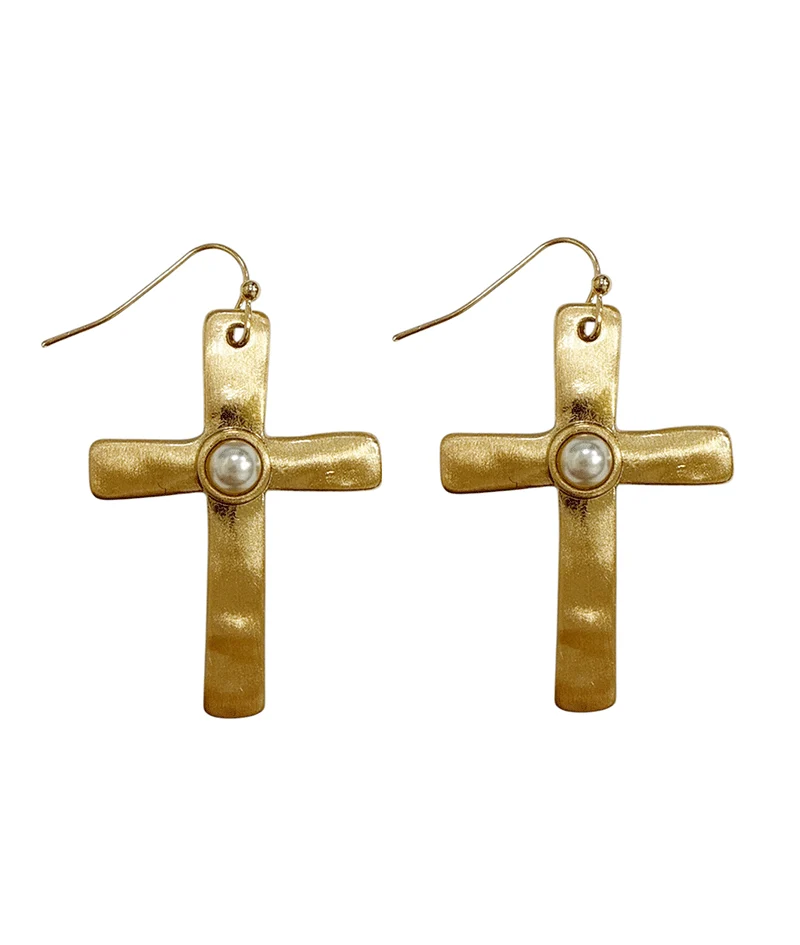 Mattie Hammered Cross Pearl Earring