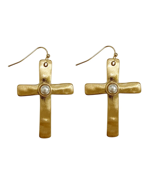 Mattie Hammered Cross Pearl Earring
