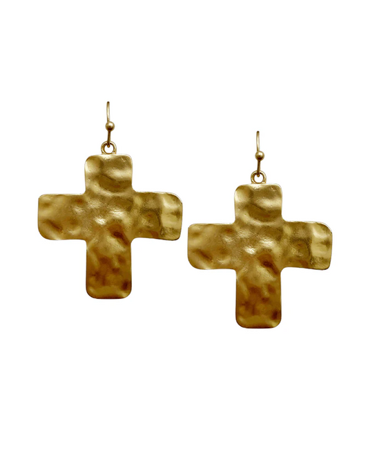 Hammered Cross Drop Earring - Gold