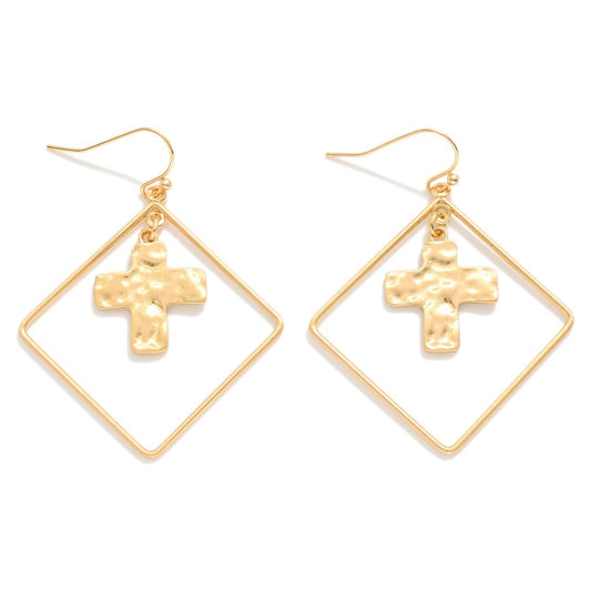 Nesting In Faith Hammered Cross Earring - Gold