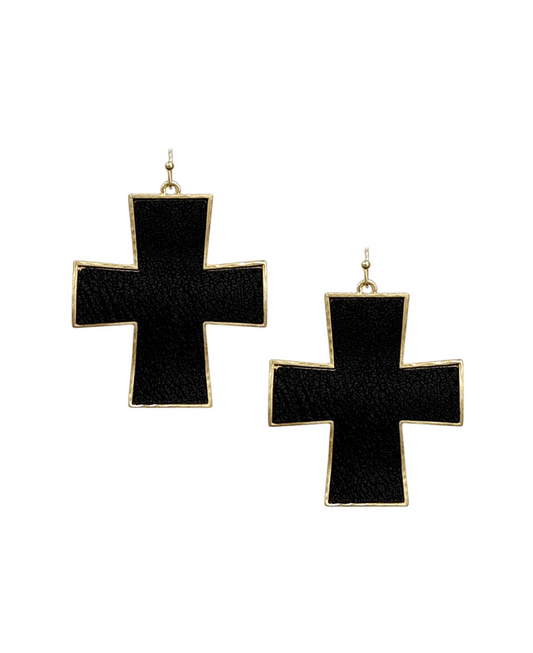Gold Trimmed Leather Cross Earrings - Black