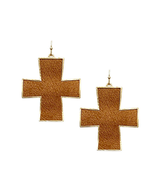 Gold Trimmed Leather Cross Earrings - Brown