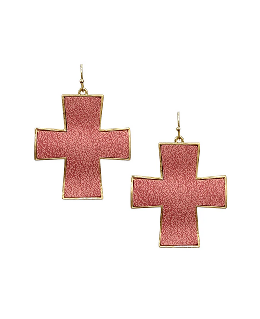 Gold Trimmed Leather Cross Earrings - Pink