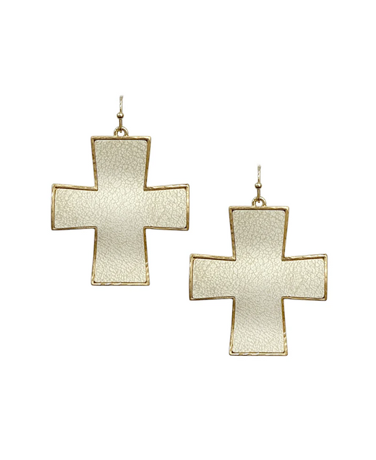 Gold Trimmed Leather Cross Earrings - White