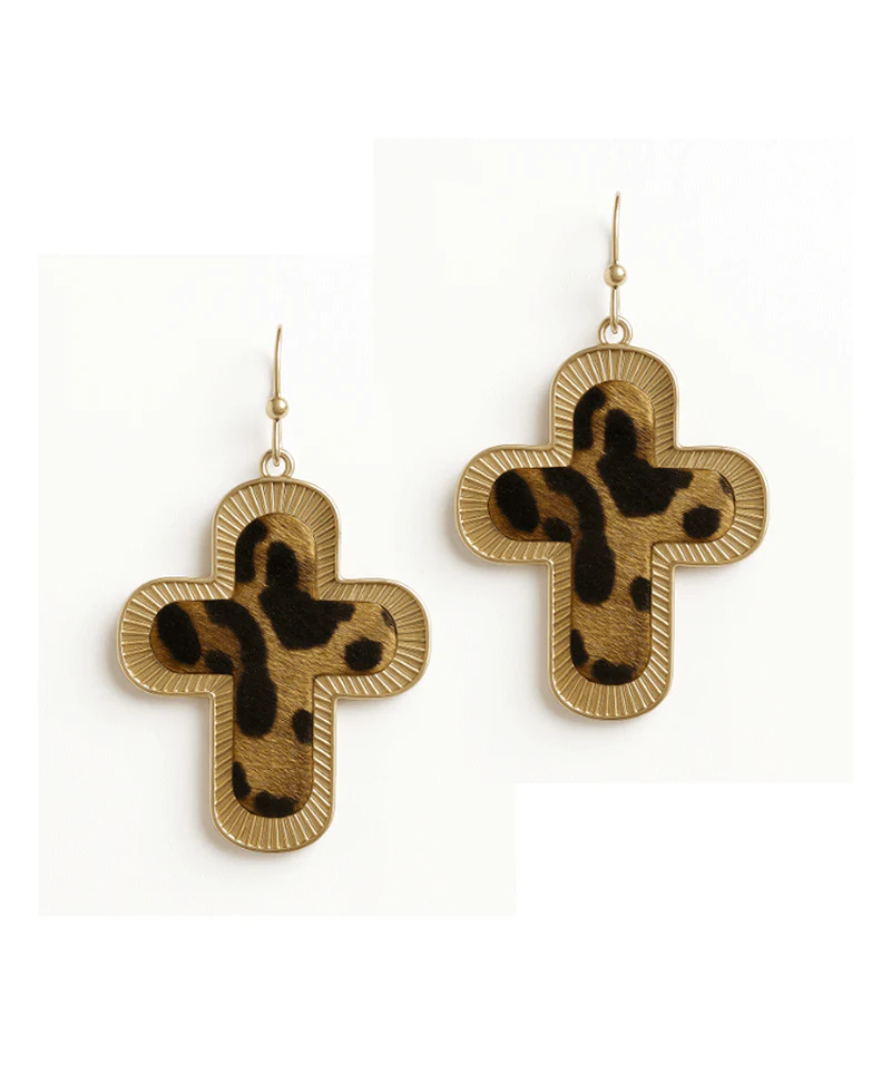 Gold Trimmed Leopard Cross Earrings
