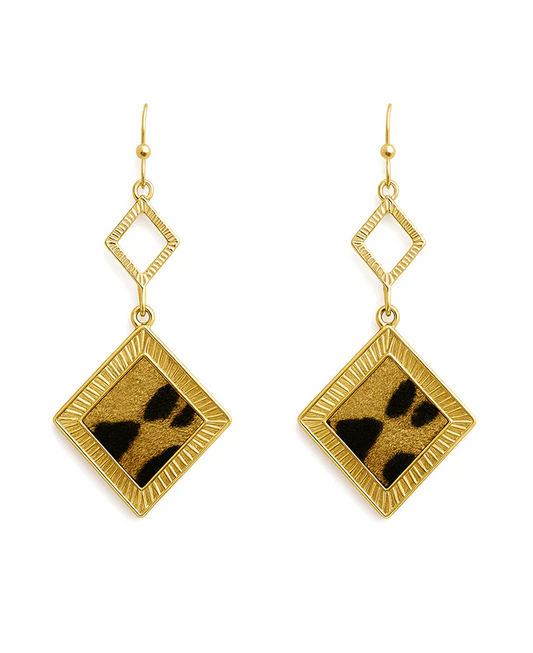 Square Leather Leopard Link Earring