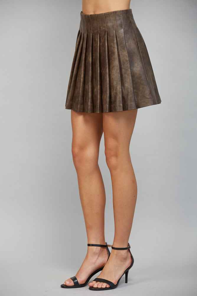 The Mocha Pleat Skirt | Brown Faux Leather Pleated Mini Skirt