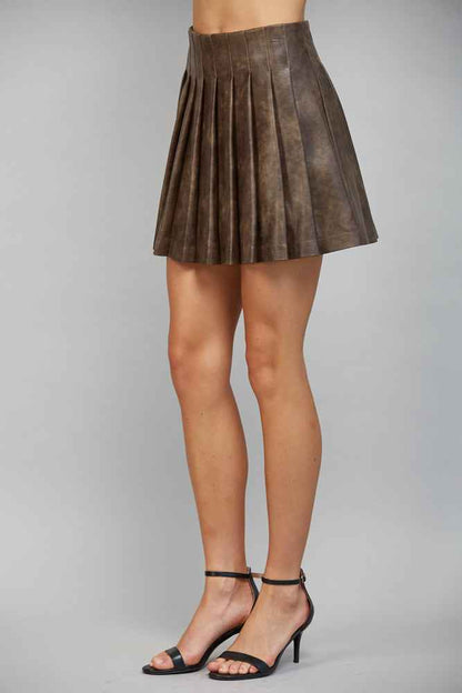 The Mocha Pleat Skirt | Brown Faux Leather Pleated Mini Skirt