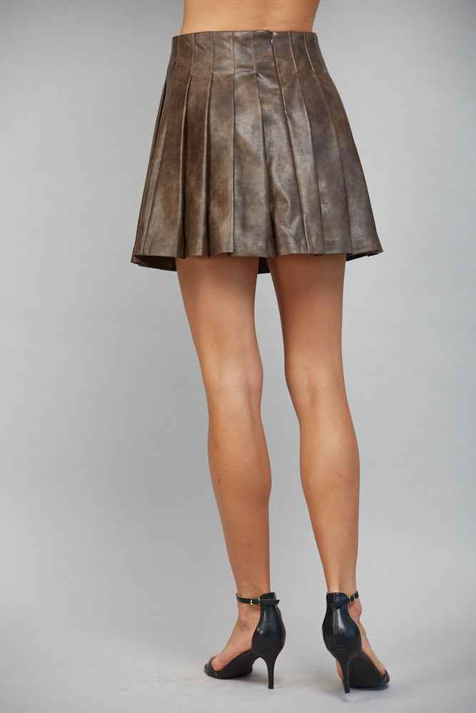 The Mocha Pleat Skirt | Brown Faux Leather Pleated Mini Skirt