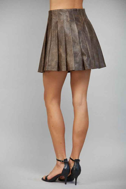 The Mocha Pleat Skirt | Brown Faux Leather Pleated Mini Skirt