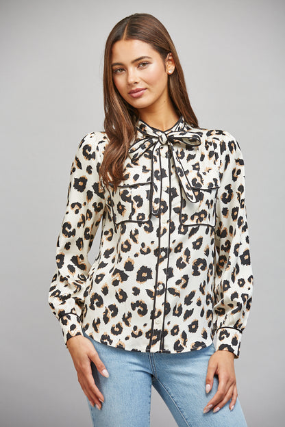 The Wild Intentions Blouse | Cream Leopard Tie Neck Button Down Blouse