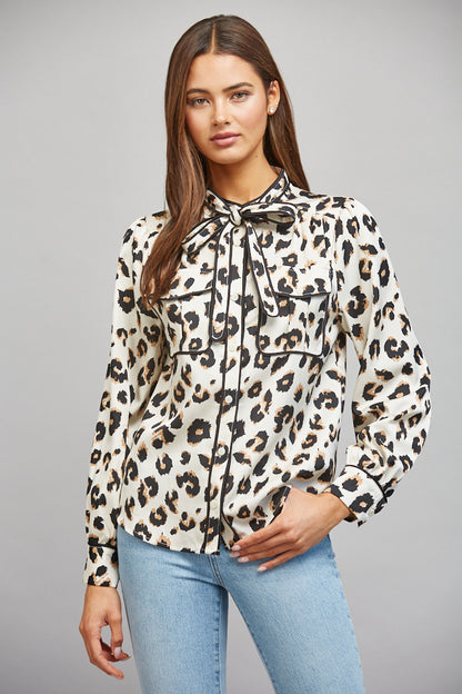 The Wild Intentions Blouse | Cream Leopard Tie Neck Button Down Blouse