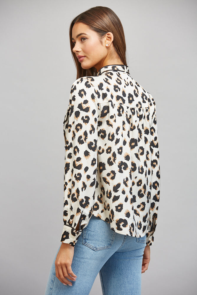 The Wild Intentions Blouse | Cream Leopard Tie Neck Button Down Blouse