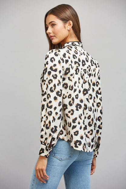 The Wild Intentions Blouse | Cream Leopard Tie Neck Button Down Blouse