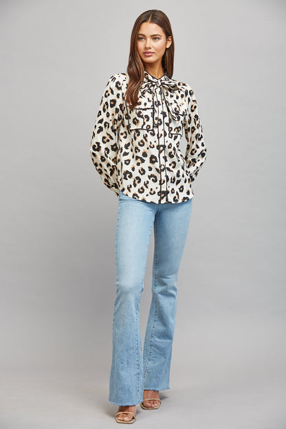 The Wild Intentions Blouse | Cream Leopard Tie Neck Button Down Blouse