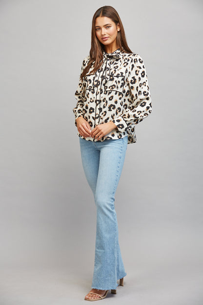 The Wild Intentions Blouse | Cream Leopard Tie Neck Button Down Blouse