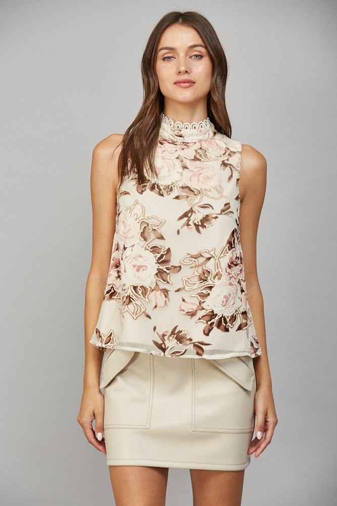 The Velvet Rose Top | Cream Velvet Floral Sleeveless Blouse