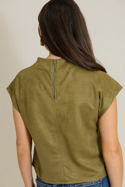 The Olive Avenue Top | Mock Neck Suede-Look Cap Sleeve Top