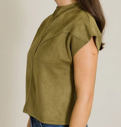 The Olive Avenue Top | Mock Neck Suede-Look Cap Sleeve Top