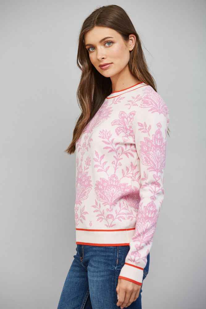 The Pink Chateau Sweater | Pink Floral Damask Crew Neck Sweater