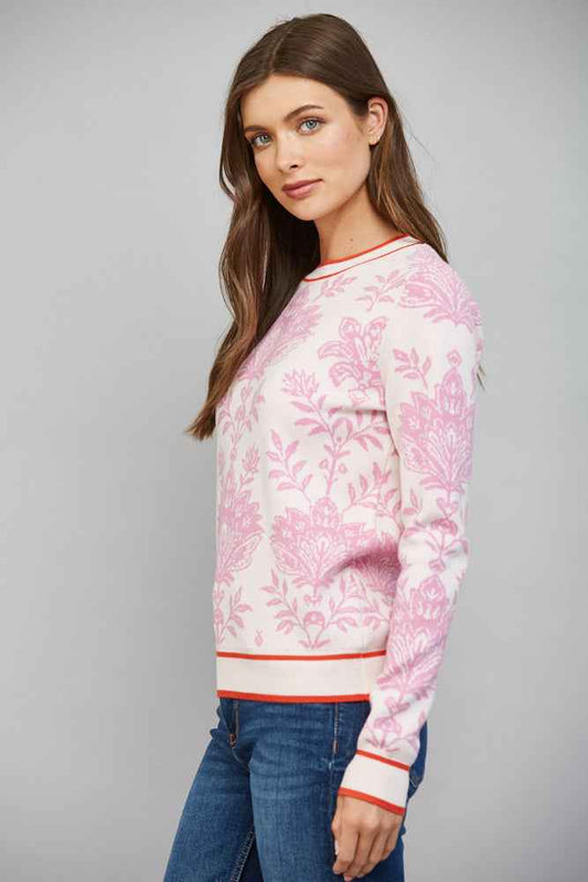 The Pink Chateau Sweater | Pink Floral Damask Crew Neck Sweater