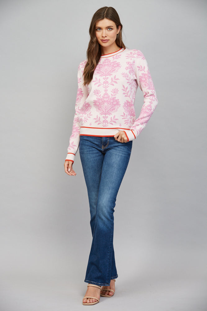The Pink Chateau Sweater | Pink Floral Damask Crew Neck Sweater