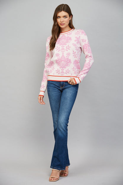 The Pink Chateau Sweater | Pink Floral Damask Crew Neck Sweater