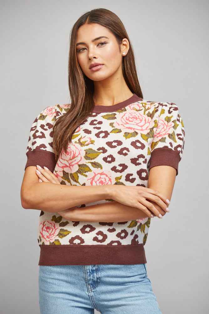 The Wildflower Knit | Cream Floral Leopard Puff Sleeve Sweater