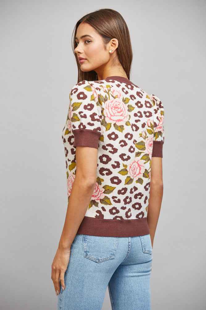 The Wildflower Knit | Cream Floral Leopard Puff Sleeve Sweater