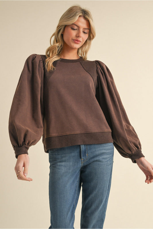 Sutton Puff Sleeve Top (Brown)