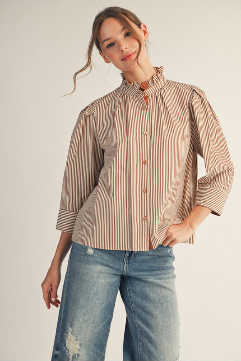 Piper Ruffle Neck Striped Top - Mocha
