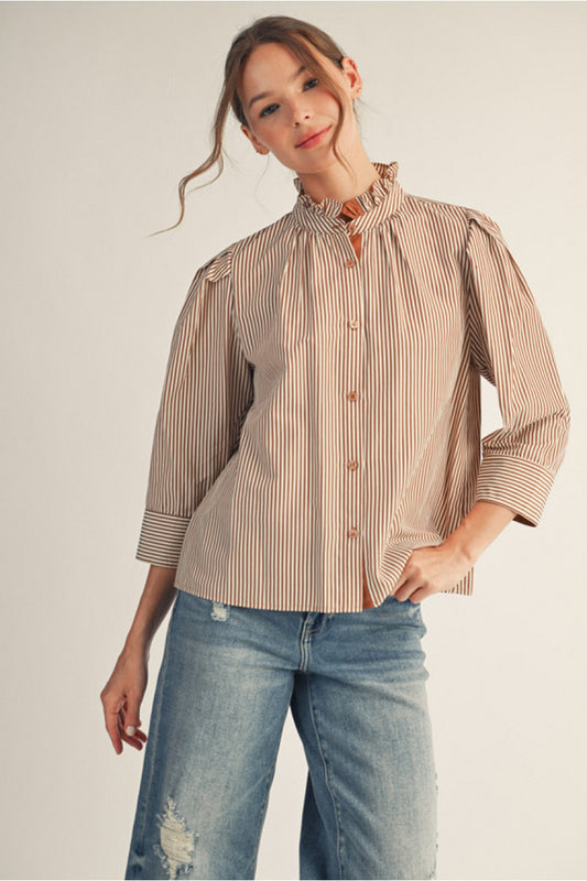 Piper Ruffle Neck Striped Top - Mocha