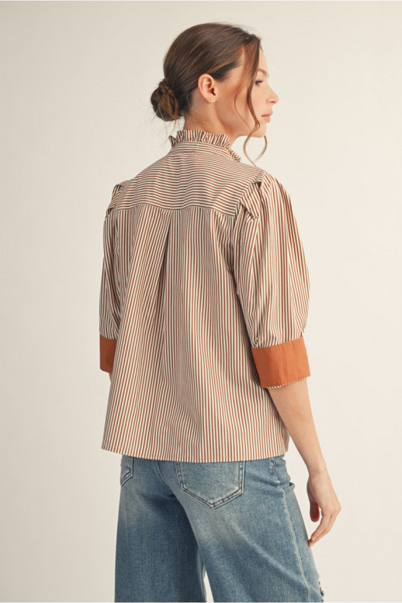 Piper Ruffle Neck Striped Top - Mocha