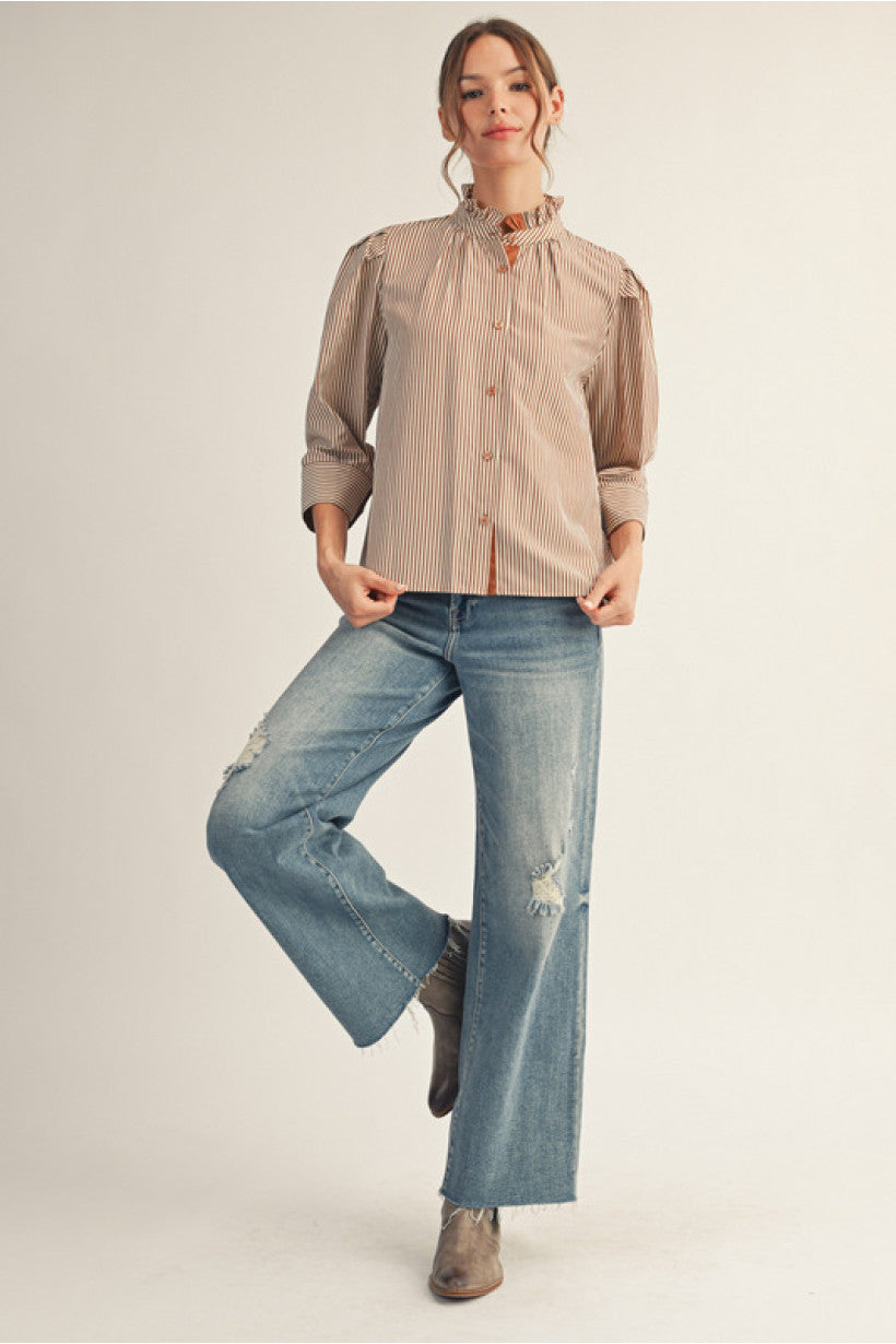 Piper Ruffle Neck Striped Top - Mocha