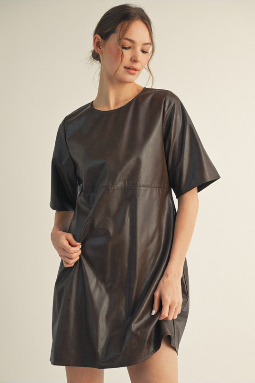 Hilde Leather A-line Mini Dress - Brown