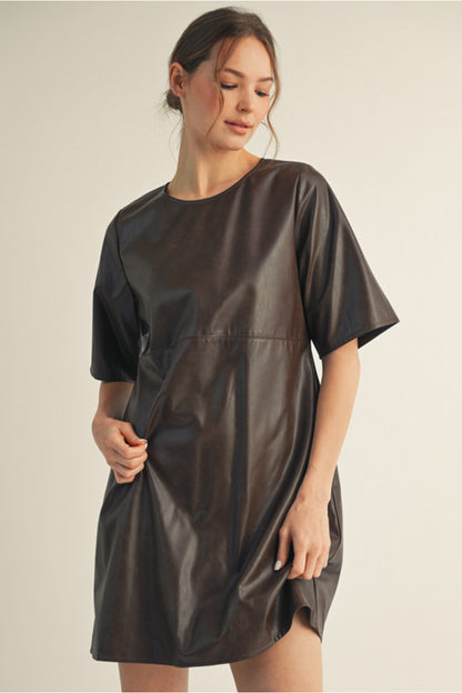 Hilde Leather A-line Mini Dress - Brown