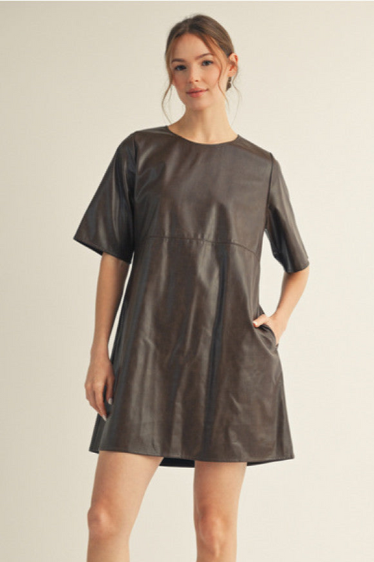 Hilde Leather A-line Mini Dress - Brown