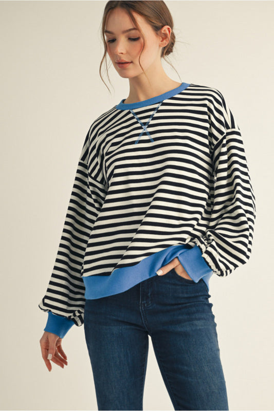 Blueberry Striped Puff Sleeve Top - Blue